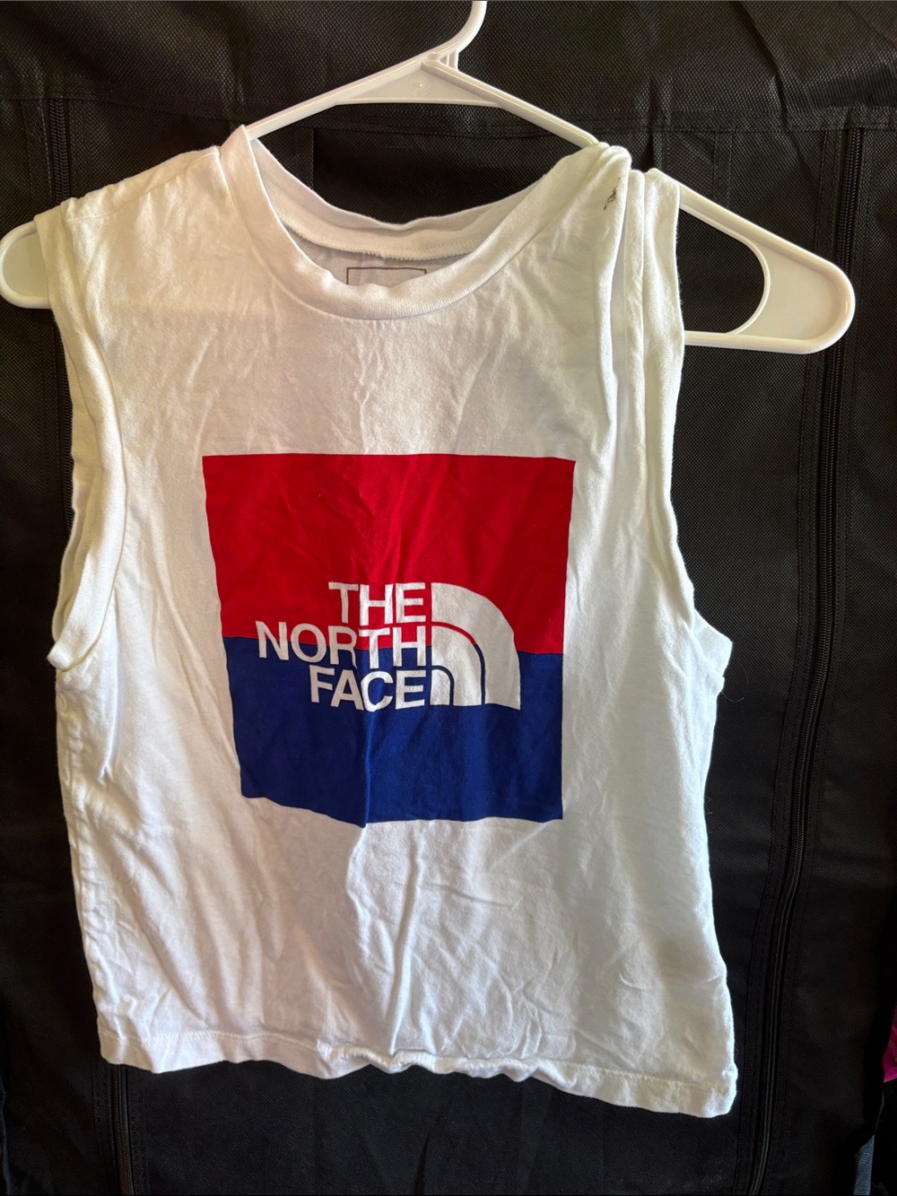 The North Face White Crop Tank with Red & Blue Logo